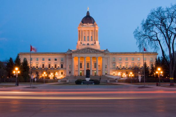 Manitoba Legislative Building at dusk in Winnipeg, Manitoba, Canada